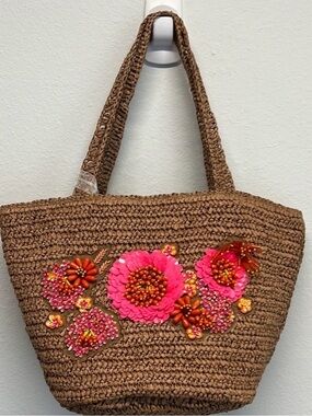 NWT Brown Floral Viral Beaded Handcrafted Made India Woven Tote Shoulder Bag